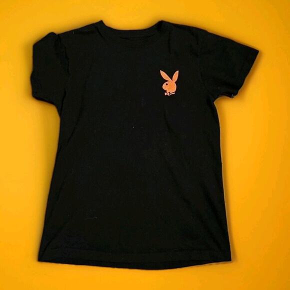 PLAYBOY Bunny Logo Graphic T Shirt Medium Black Short Sleeve A99 Excellent - Picture 1 of 4